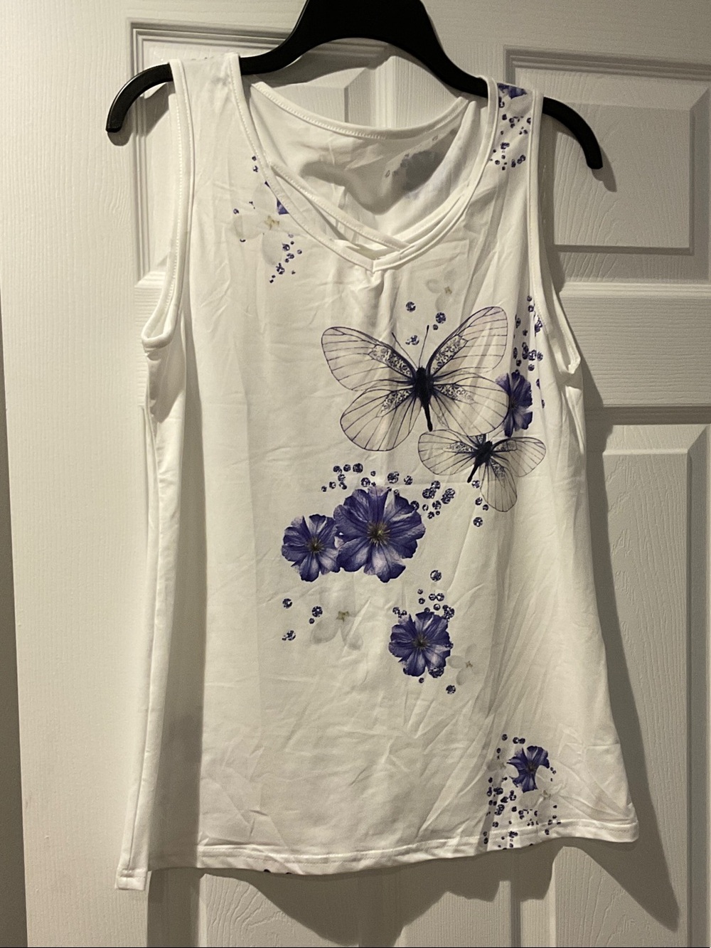White Sleeveless Tank Top with Purple Floral & Butterfly Print